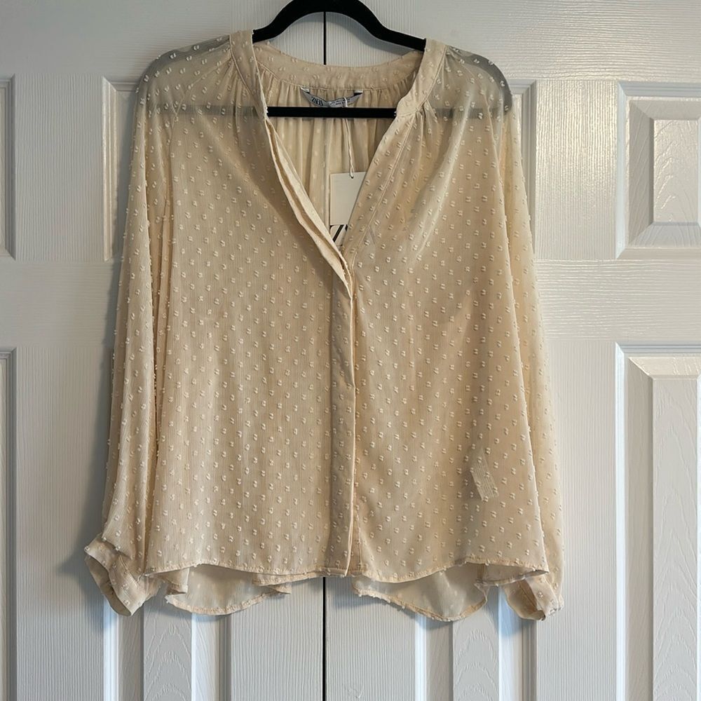 Zara Women’s Beige Swiss Dot Long Sleeve Button Down Blouse, Size L